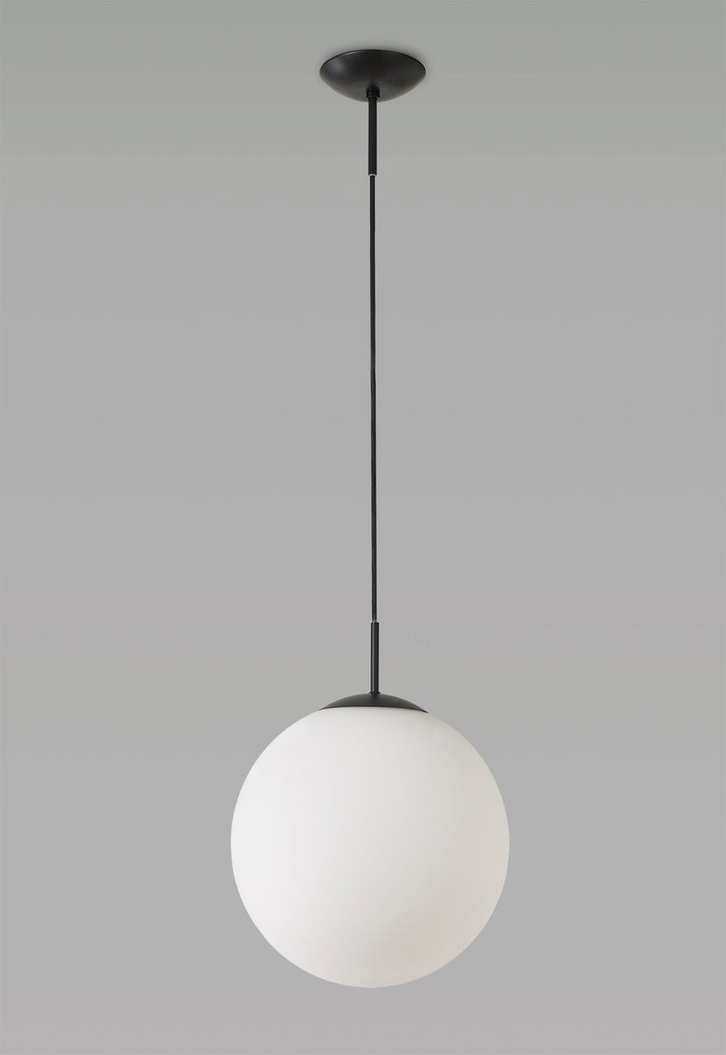 Deco Miranda Medium Ball Pendant 1 Light E27 Black Suspension With Frosted White Glass Globe • D0650