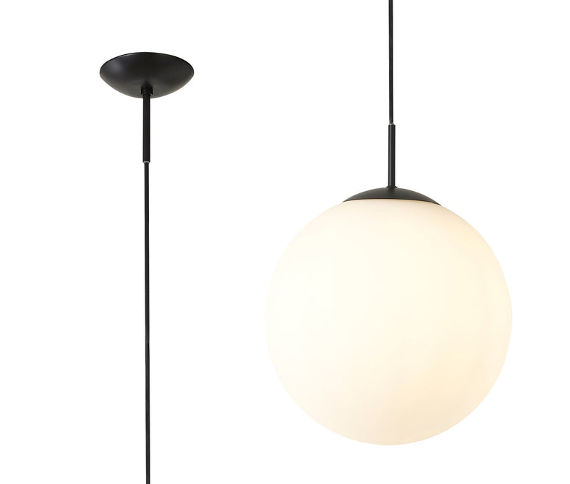 Deco Miranda Medium Ball Pendant 1 Light E27 Black Suspension With Frosted White Glass Globe • D0650