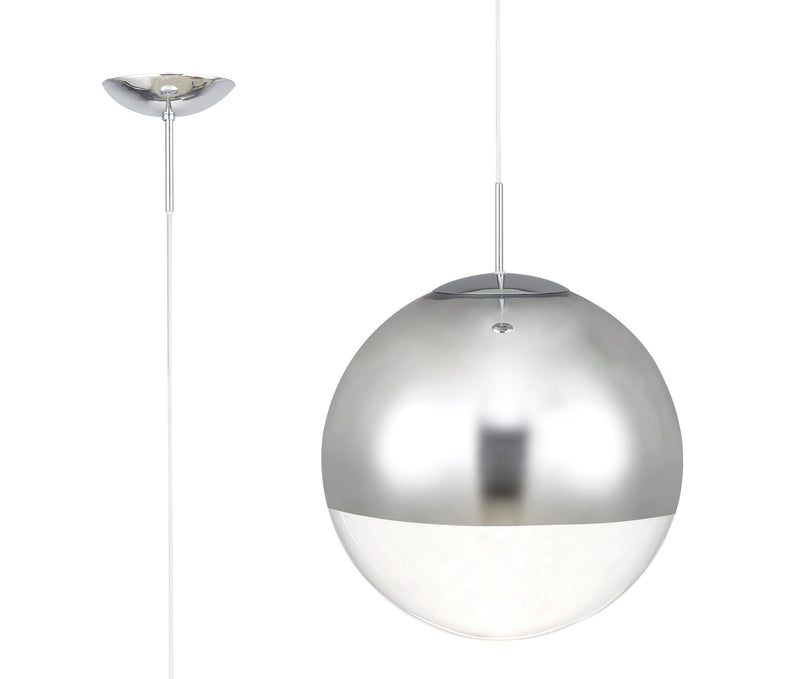 Deco Miranda Large Ball Pendant 1 Light E27 Polished Chrome Suspension With Mirrored/Clear Glass Globe • D0653