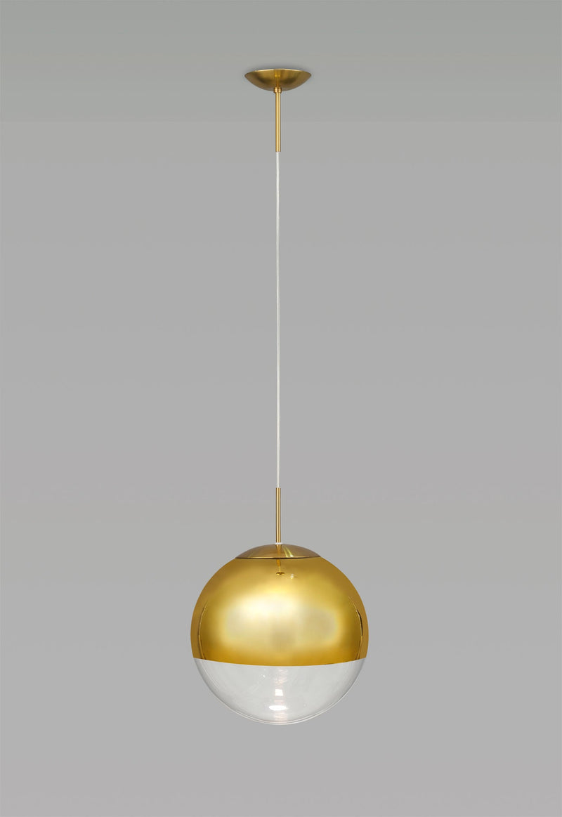 Deco Miranda Small Ball Pendant 1 Light E27 Antique Gold Suspension with Gold Mirrored/Clear Glass Globe • D0655