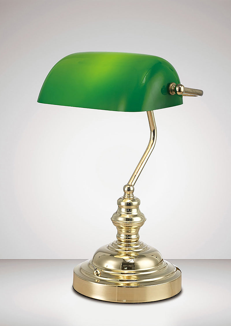 Deco Morgan Bankers Table Lamp 1 Light E27 Polished Brass/Green Glass • D0084