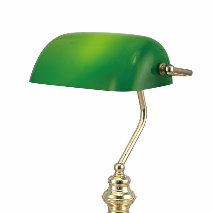 Deco Morgan Bankers Table Lamp 1 Light E27 Polished Brass/Green Glass • D0084