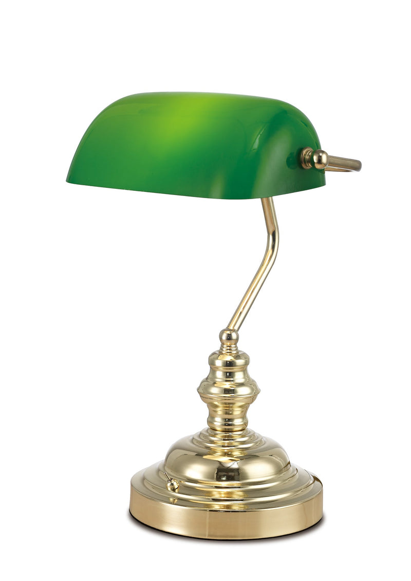 Deco Morgan Bankers Table Lamp 1 Light E27 Polished Brass/Green Glass • D0084