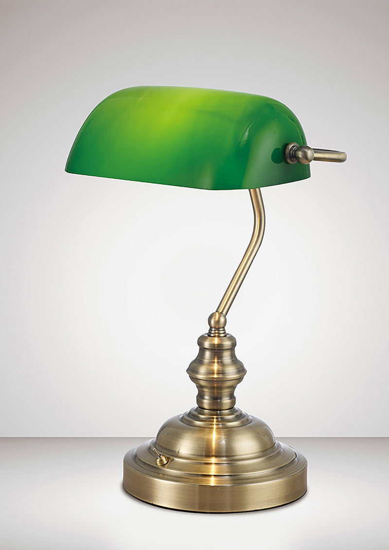 Deco Morgan Bankers Table Lamp 1 Light E27 Antique Brass/Green Glass • D0085