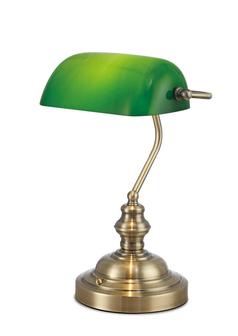 Deco Morgan Bankers Table Lamp 1 Light E27 Antique Brass/Green Glass • D0085