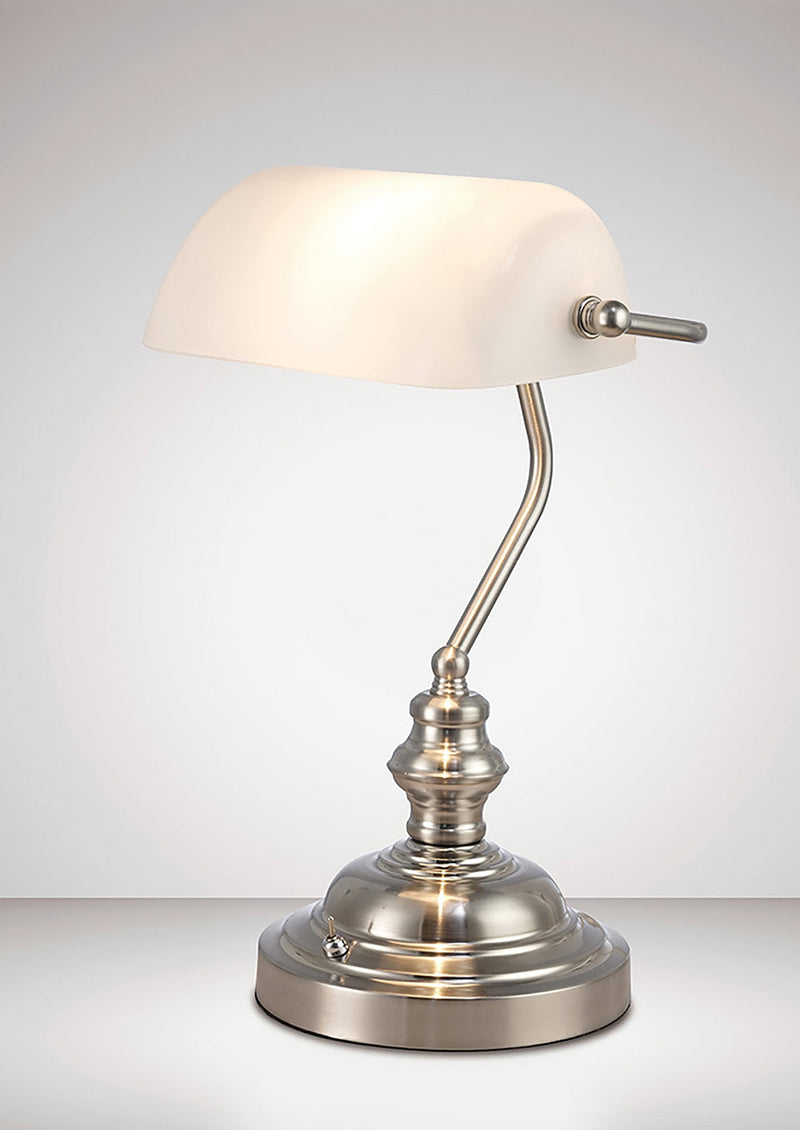 Deco Morgan Bankers Table Lamp 1 Light E27 Satin Nickel/White Glass • D0086