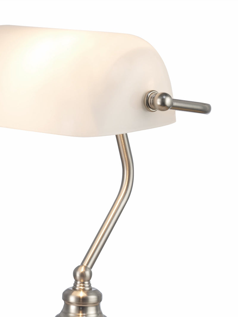 Deco Morgan Bankers Table Lamp 1 Light E27 Satin Nickel/White Glass • D0086