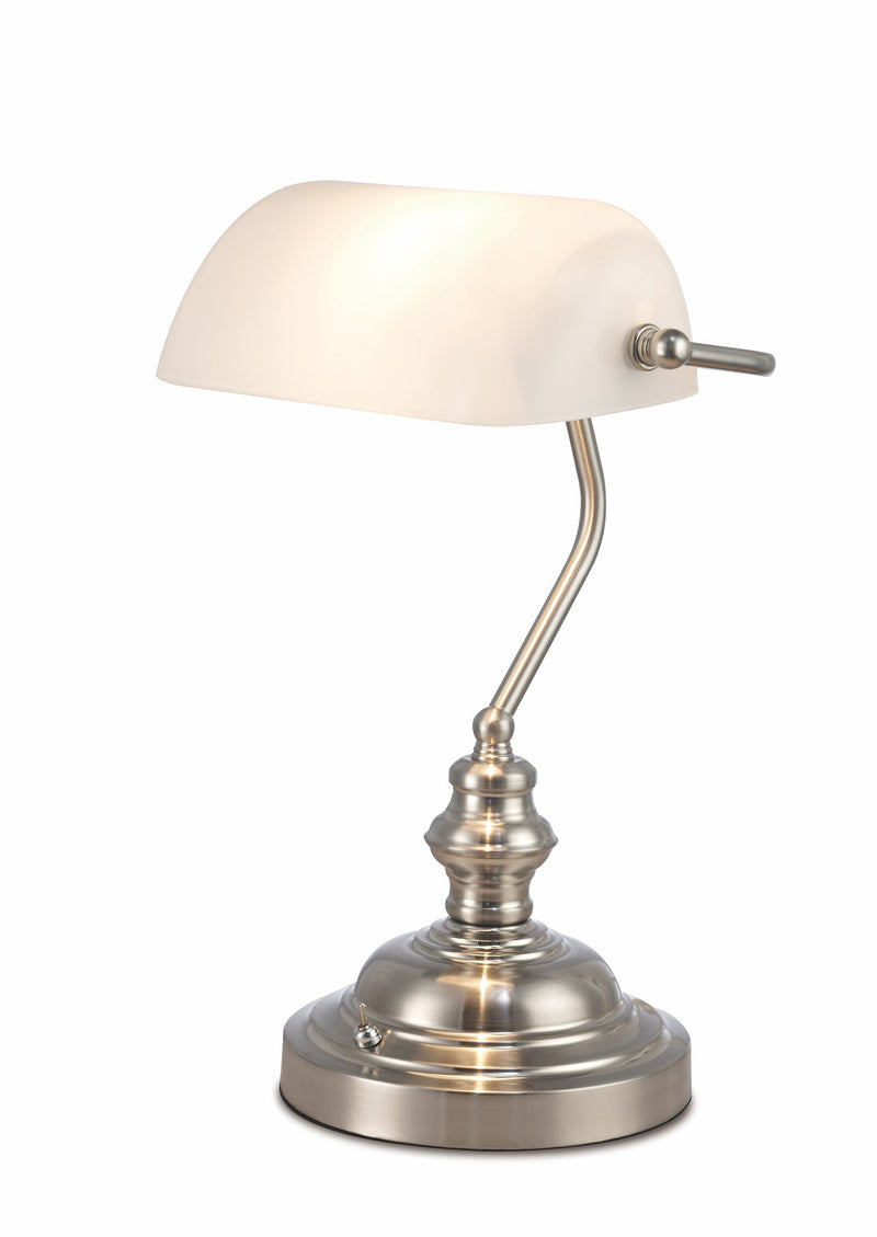 Deco Morgan Bankers Table Lamp 1 Light E27 Satin Nickel/White Glass • D0086