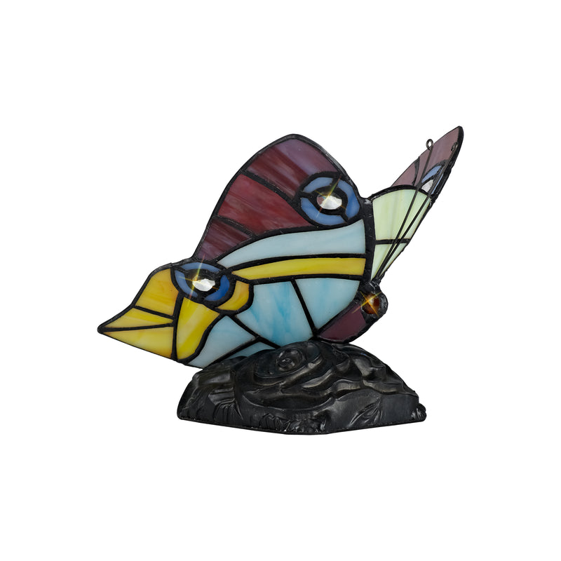 Regal Lighting SL-1998 1 Light Butterfly Tiffany Table Lamp Red, Yellow And Blue With Clear Crystal Shade