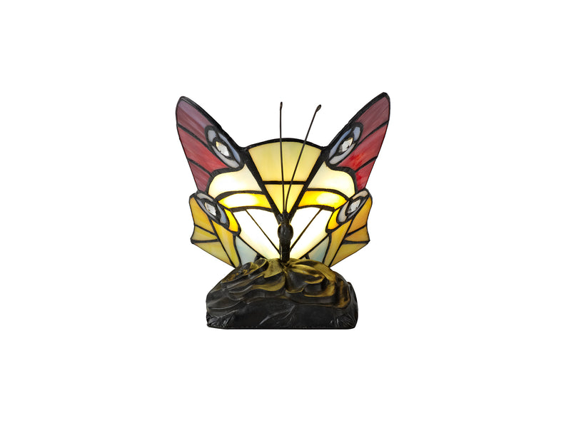 Regal Lighting SL-1998 1 Light Butterfly Tiffany Table Lamp Red, Yellow And Blue With Clear Crystal Shade