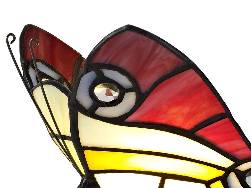 Regal Lighting SL-1998 1 Light Butterfly Tiffany Table Lamp Red, Yellow And Blue With Clear Crystal Shade