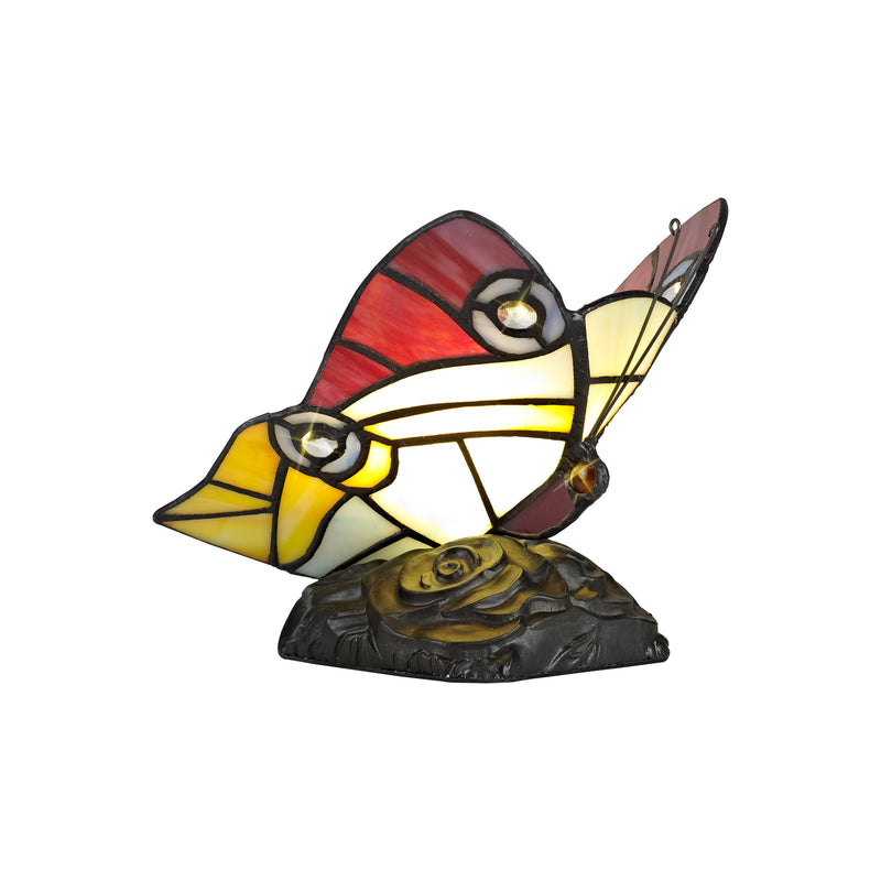 Regal Lighting SL-1998 1 Light Butterfly Tiffany Table Lamp Red, Yellow And Blue With Clear Crystal Shade