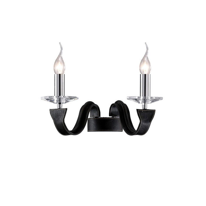 Diyas Nardini Wall Lamp 2 Light E14 Polished Chrome/Black Faux Leather/Crystal • IL31032