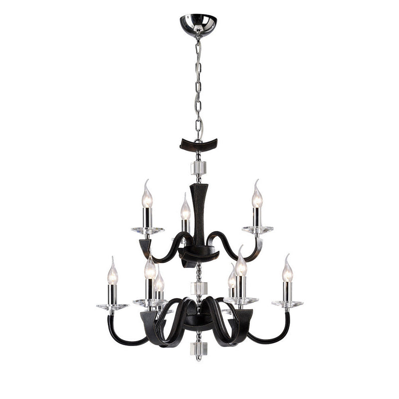 Diyas Nardini Pendant 2 Tier 9 Light E14 Polished Chrome/Black Faux Leather/Crystal • IL31039