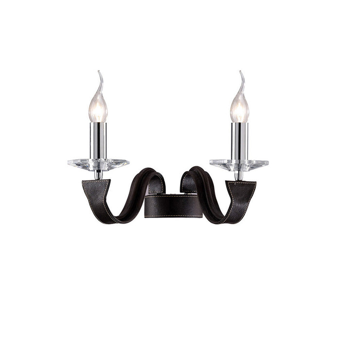 Diyas Nardini Wall Lamp 2 Light E14 Polished Chrome/Dark Brown Faux Leather/Crystal • IL31042