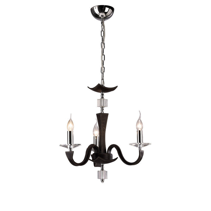 Diyas Nardini Pendant 3 Light E14 Polished Chrome/Dark Brown Faux Leather/Crystal • IL31043