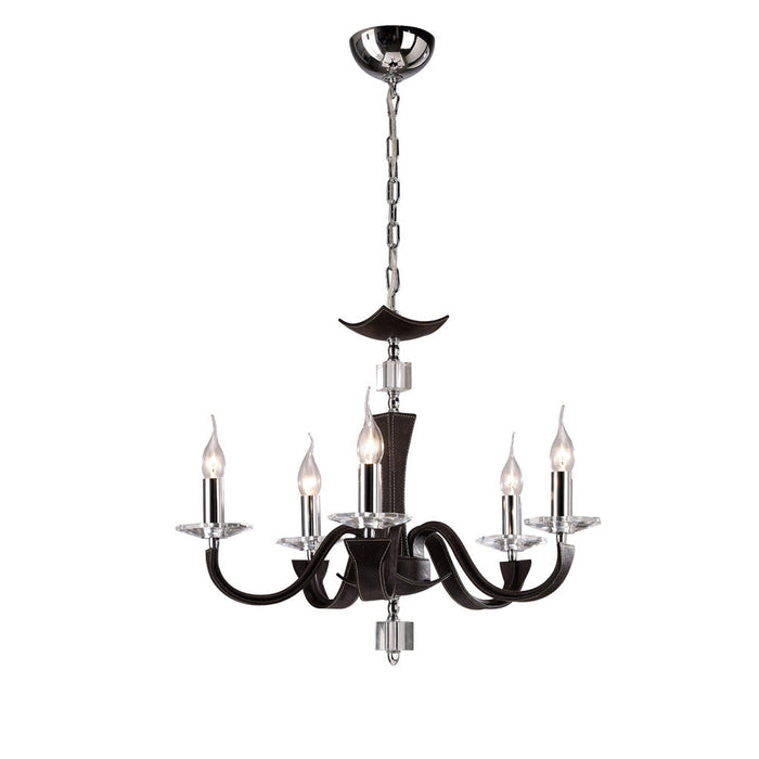 Diyas Nardini Pendant 5 Light E14 Polished Chrome/Dark Brown Faux Leather/Crystal • IL31045