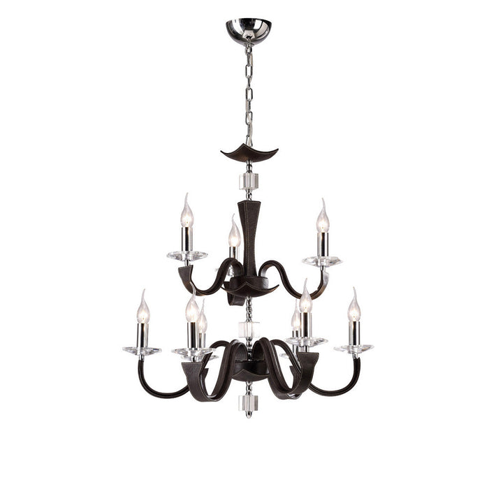 Diyas Nardini Pendant 2 Tier 9 Light E14 Polished Chrome Dark Brown Faux Leather/Crystal • IL31049