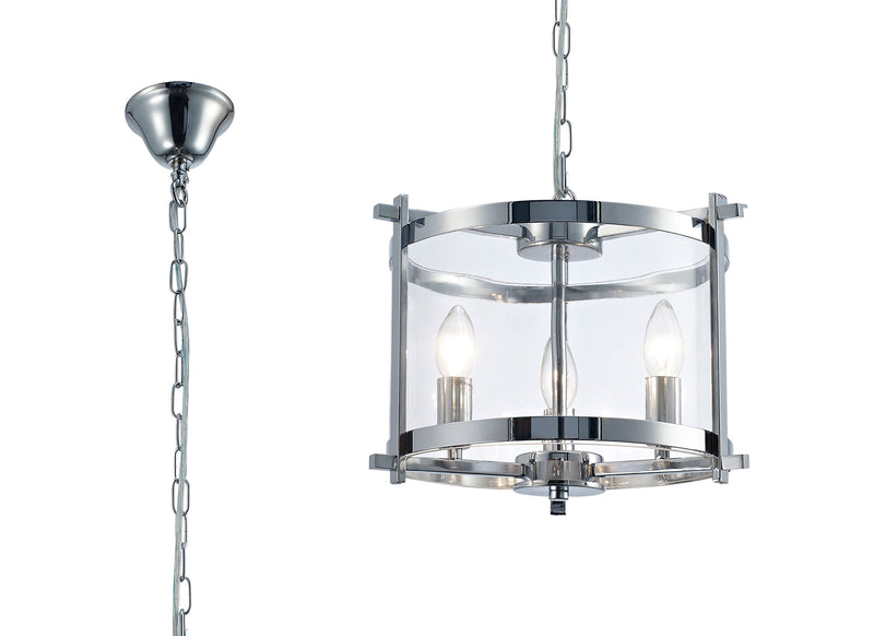 Deco Nolan Single Small Pendant 3 Light E14 Polished Chrome/Clear Glass • D0087