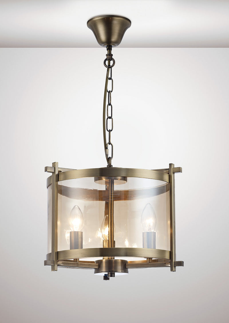 Deco Nolan Single Small Pendant 3 Light E14 Antique Brass/Amber Glass • D0088