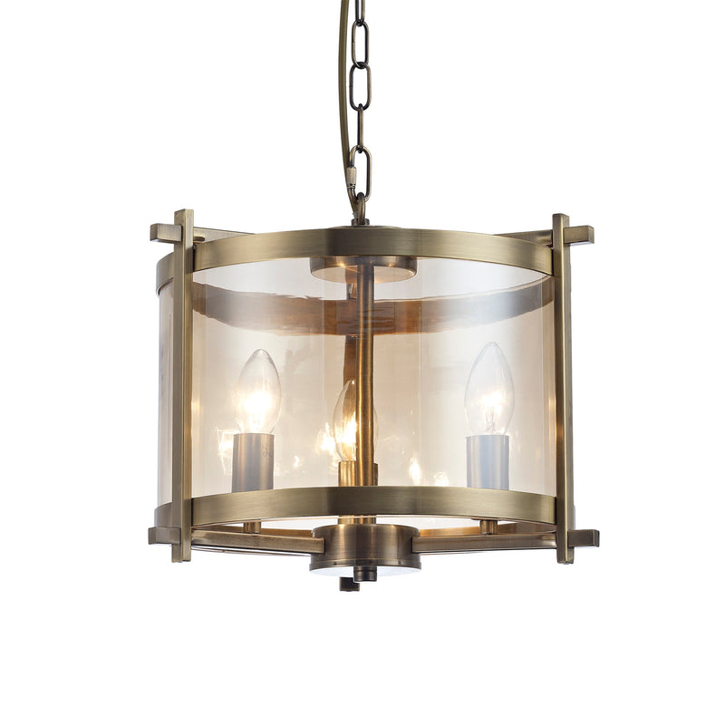 Deco Nolan Single Small Pendant 3 Light E14 Antique Brass/Amber Glass • D0088