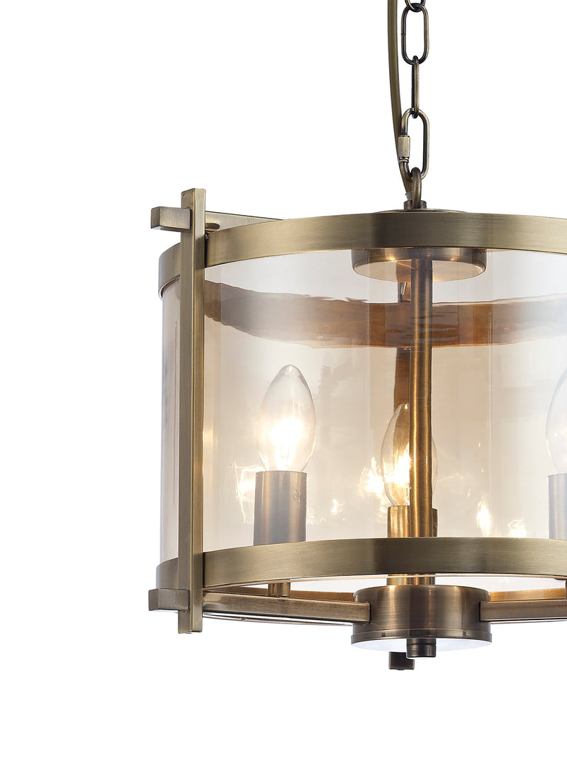 Deco Nolan Single Small Pendant 3 Light E14 Antique Brass/Amber Glass • D0088