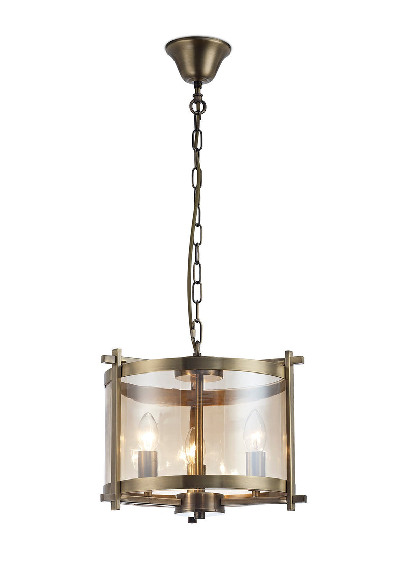 Deco Nolan Single Small Pendant 3 Light E14 Antique Brass/Amber Glass • D0088