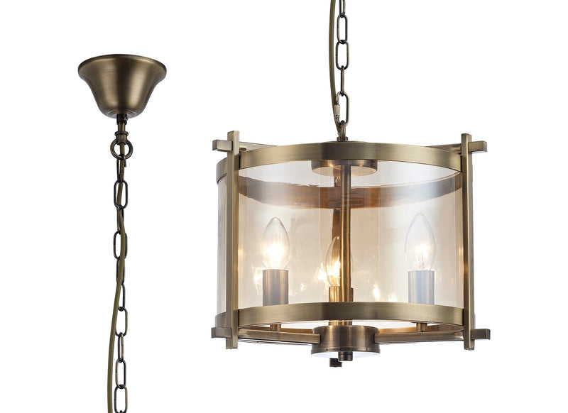Deco Nolan Single Small Pendant 3 Light E14 Antique Brass/Amber Glass • D0088
