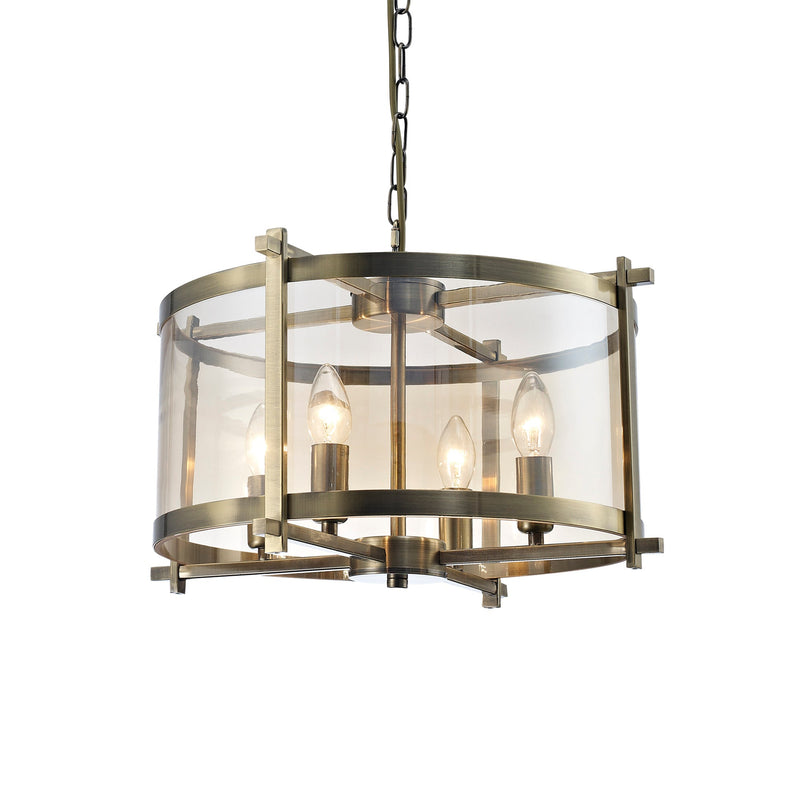 Deco Nolan Single Medium Pendant 4 Light E14 Antique Brass/Amber Glass • D0090
