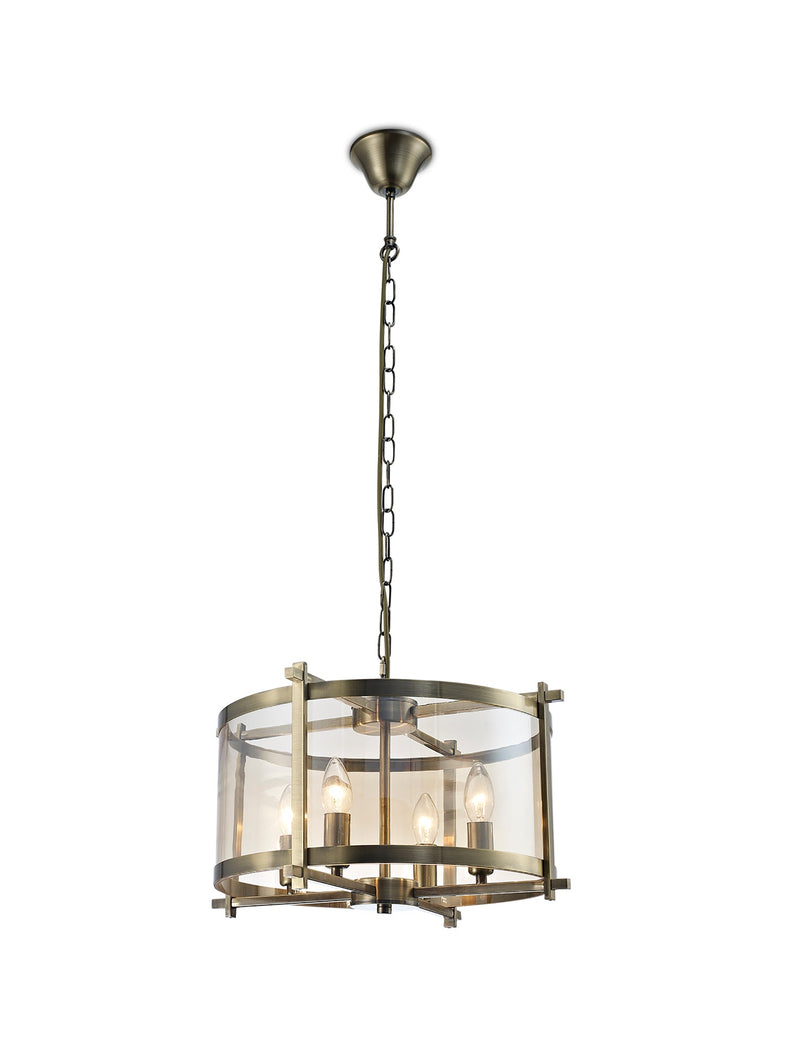 Deco Nolan Single Medium Pendant 4 Light E14 Antique Brass/Amber Glass • D0090