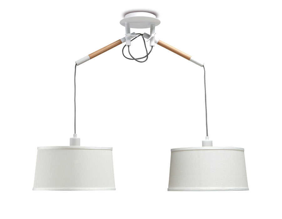 Mantra M4930 Nordica Linear Pendant With White Shade 2 Light E27, Matt White/Beech With Ivory White Shades • M4930