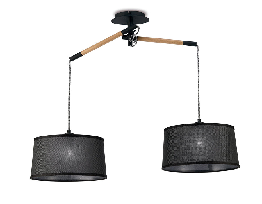 Mantra M4931 Nordica Linear Pendant With Black Shade 2 Light E27, Matt Black/Beech With Black Shades • M4931