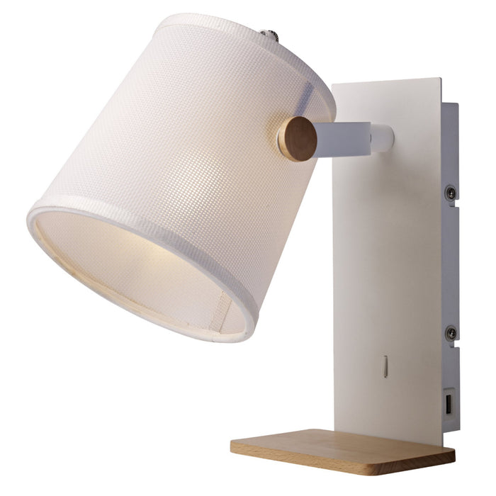 Mantra M5462 Nordica II Position Wall Light With USB Socket, 1x23W E27, White/Beech With White Shade • M5462