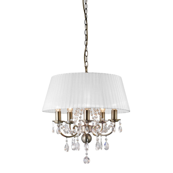 Diyas Olivia Pendant With White Shade 5 Light E14 Antique Brass/Crystal • IL30047/WH