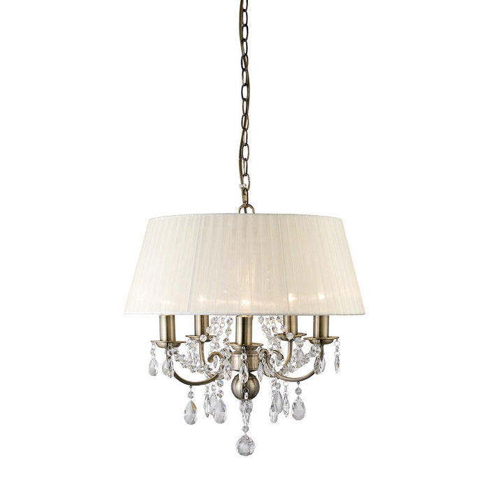 Diyas Olivia Pendant With Ivory Cream Shade 5 Light E14 Antique Brass/Crystal • IL30048