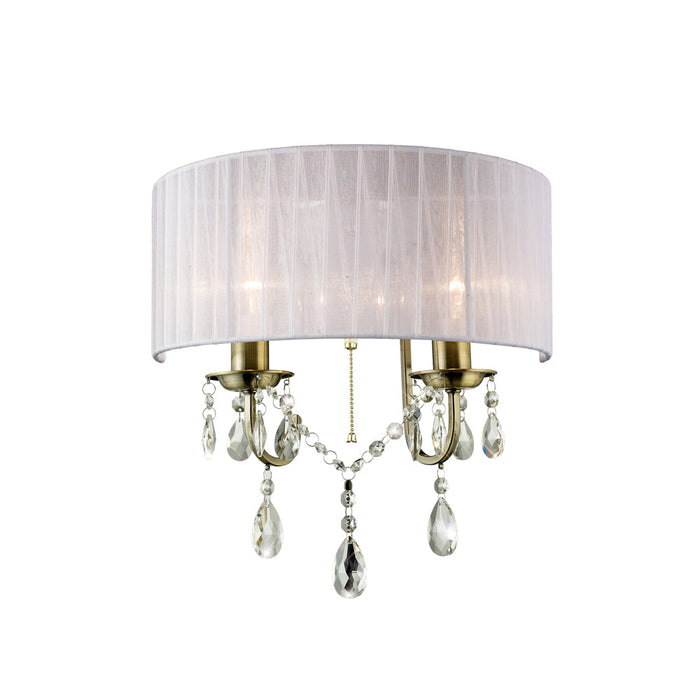 Diyas Olivia Wall Lamp Switched With White Shade 2 Light E14 Antique Brass/Crystal • IL30064/WH