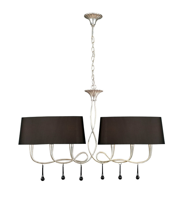 Mantra M0531 Paola Linear Pendant 2 Arm 6 Light E14, Silver Painted With Black Shades & Black Glass Droplets • M0531