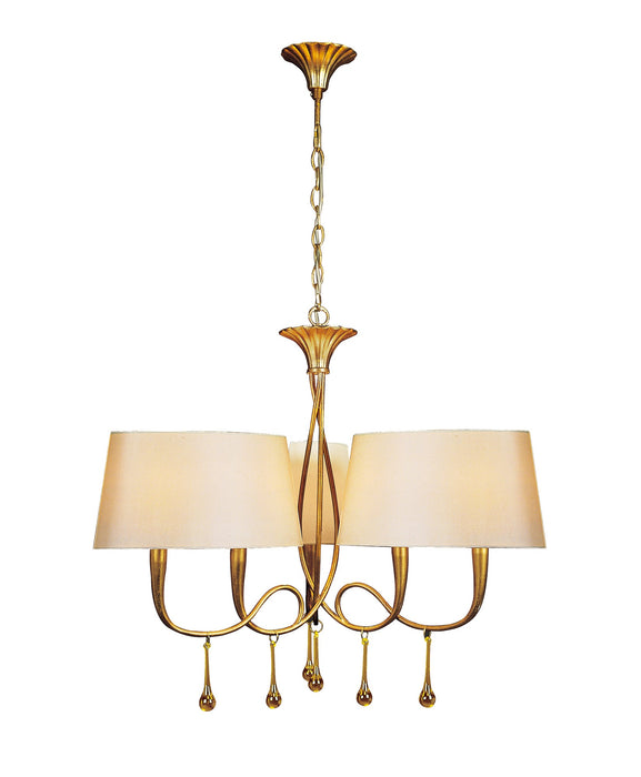 Mantra M0540 Paola Pendant 3 Arm 6 Light E14, Gold Painted With Cream Shades & Amber Glass Droplets • M0540