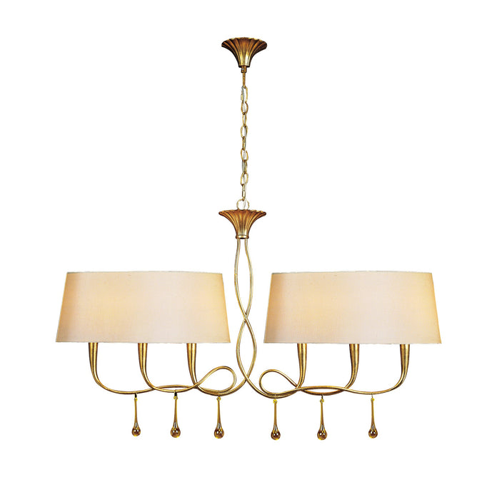 Mantra M0541 Paola Linear Pendant 2 Arm 6 Light E14, Gold Painted With Cream Shades & Amber Glass Droplets • M0541