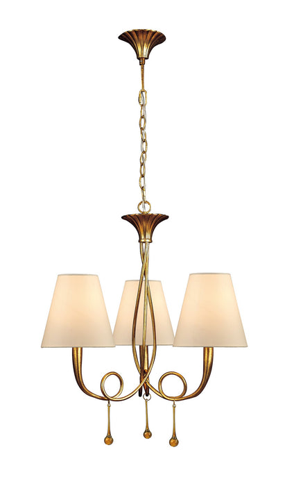 Mantra M0542 Paola Pendant 3 Light E14, Gold Painted With Cream Shades & Amber Glass Droplets • M0542