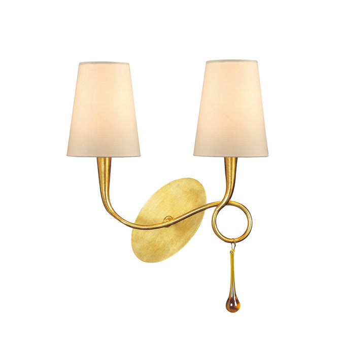 Mantra M0547/S Paola Wall Lamp Switched 2 Light E14, Gold Painted With Cream Shades & Amber Glass Droplets • M0547/S