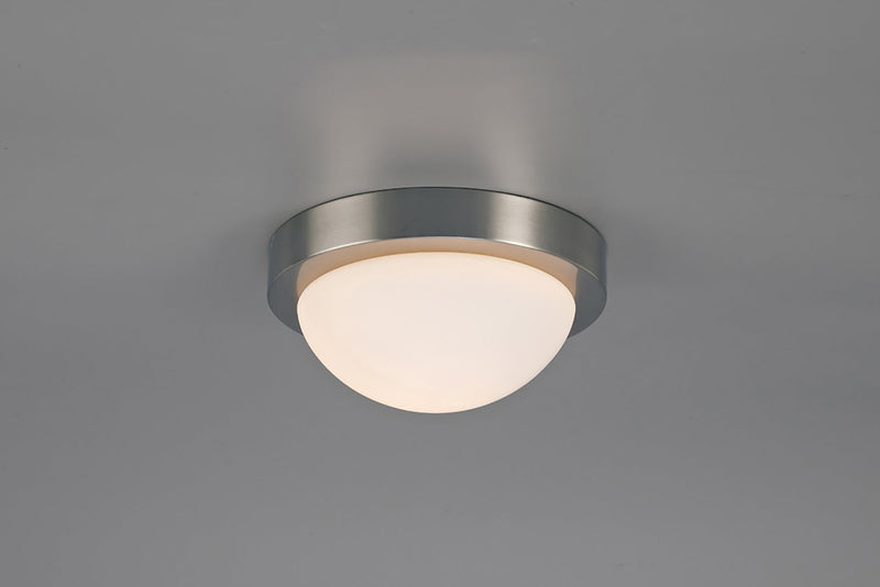 Deco Porter IP44 1 Light E27 Small Flush Ceiling Light, Satin Nickel With Opal White Glass • D0395