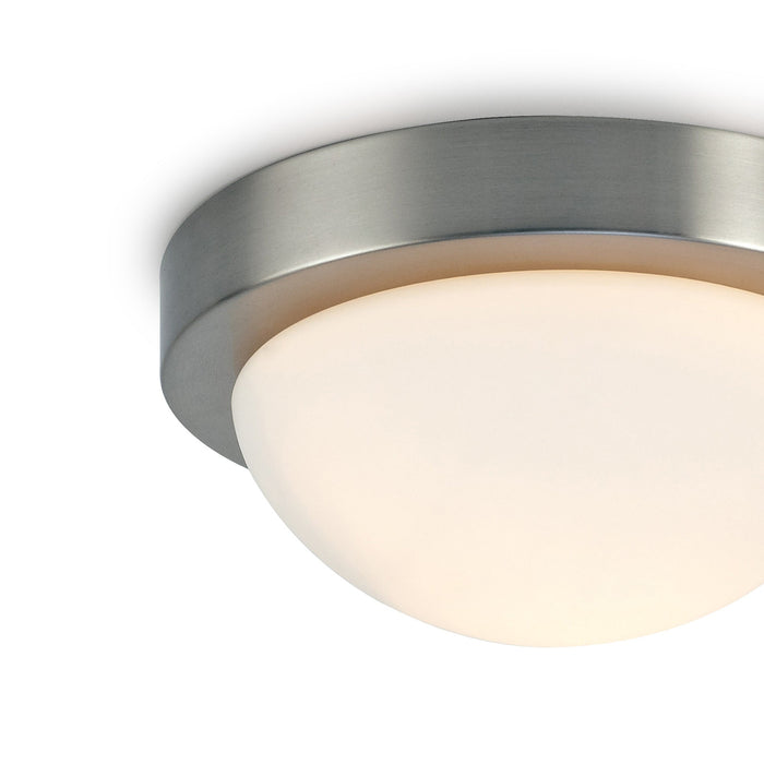 Deco Porter IP44 1 Light E27 Small Flush Ceiling Light, Satin Nickel With Opal White Glass • D0395