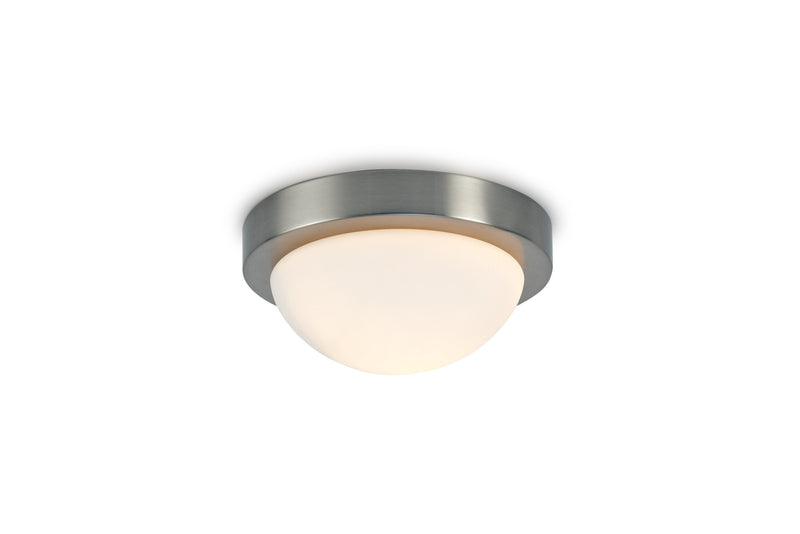 Deco Porter IP44 1 Light E27 Small Flush Ceiling Light, Satin Nickel With Opal White Glass • D0395