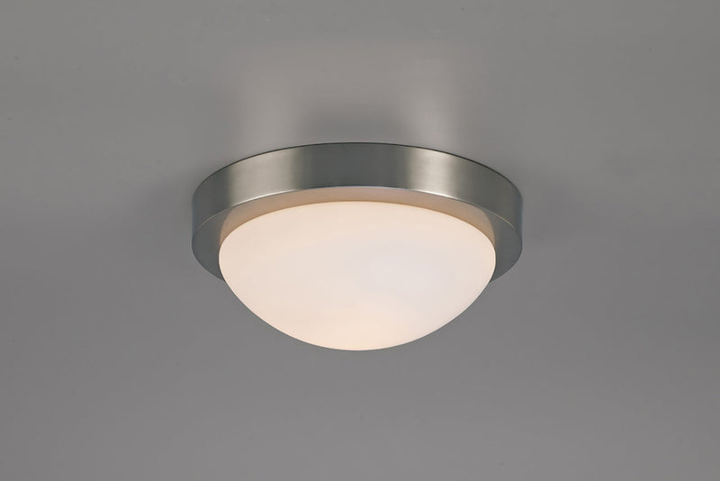 Deco Porter IP44 1 Light E27 Medium Flush Ceiling Light, Satin Nickel With Opal White Glass • D0396
