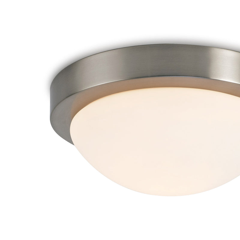 Deco Porter IP44 1 Light E27 Medium Flush Ceiling Light, Satin Nickel With Opal White Glass • D0396