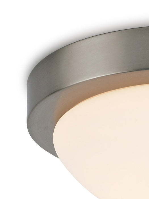 Deco Porter IP44 1 Light E27 Medium Flush Ceiling Light, Satin Nickel With Opal White Glass • D0396