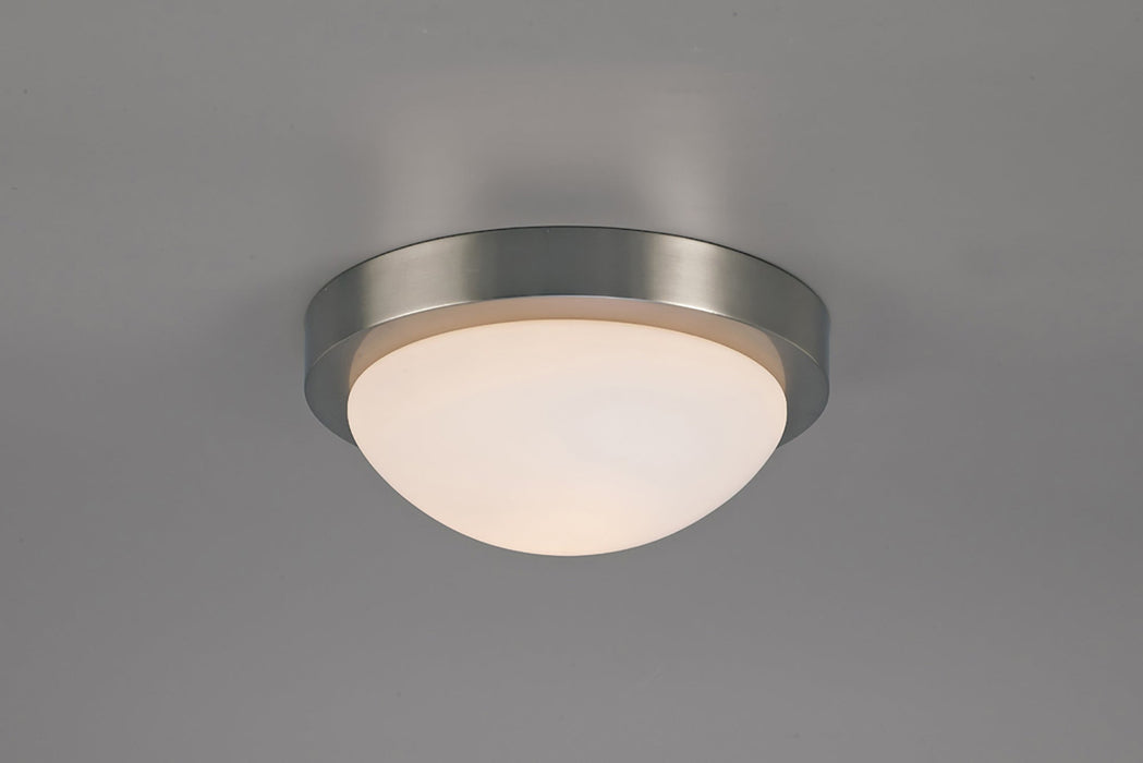 Deco Porter IP44 1 Light E27 Medium Flush Ceiling Light, Satin Nickel With Opal White Glass • D0396