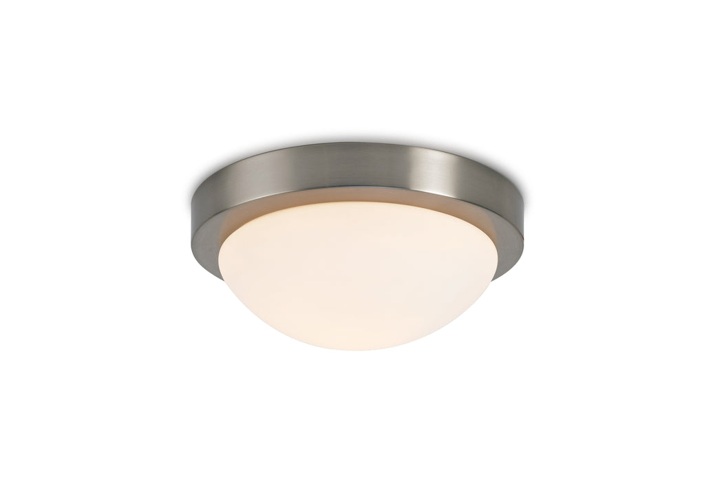 Deco Porter IP44 1 Light E27 Medium Flush Ceiling Light, Satin Nickel With Opal White Glass • D0396