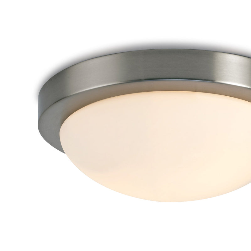 Deco Porter IP44 2 Light E27 Large Flush Ceiling Light, Satin Nickel With Opal White Glass • D0397